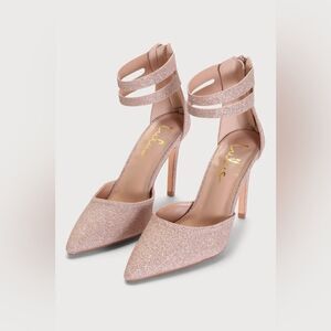 NWT Billyy Rose Gold Glitter Pointed-Toe Ankle Strap Heels, size 8.5.